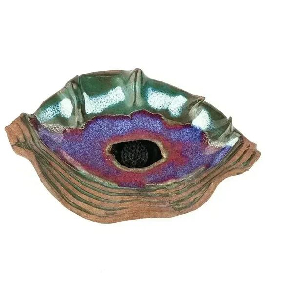 Abstract Art Platter Pottery Handmade Unique Brown Metallic Green Purple - Picture 1 of 11